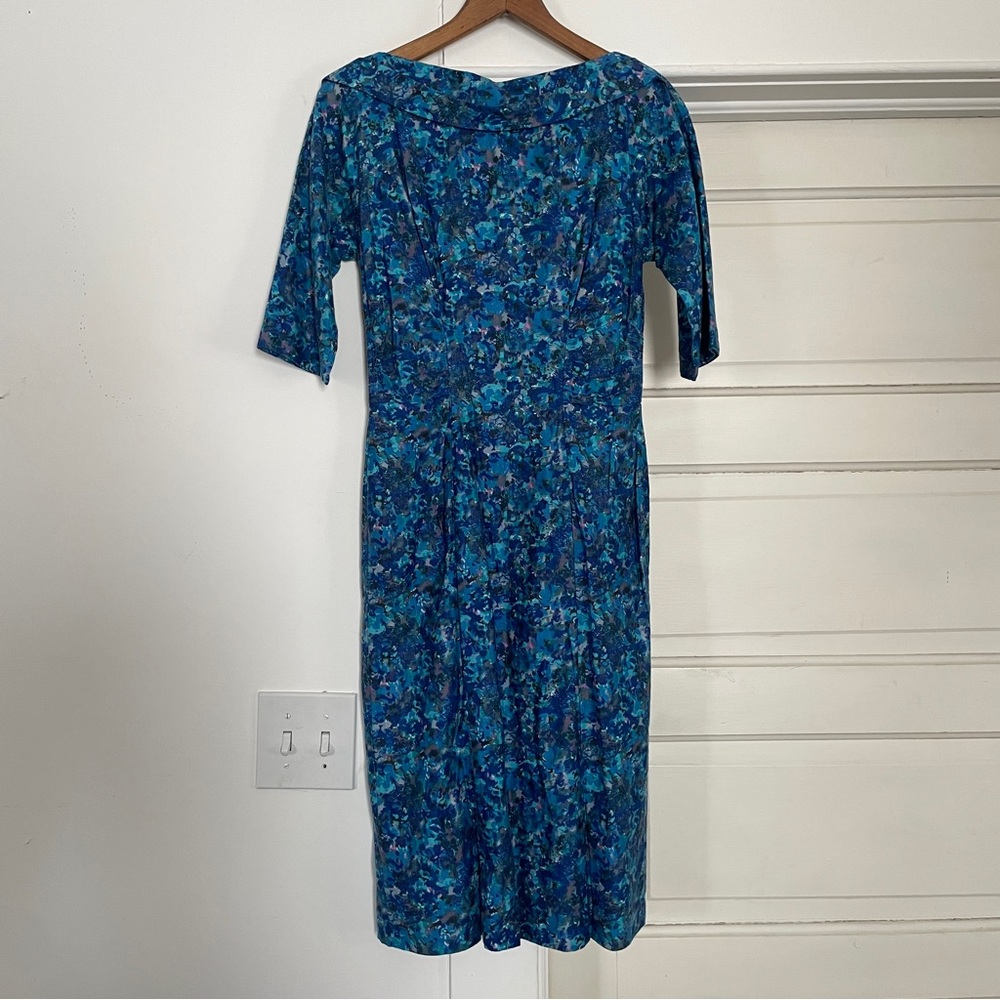 Vintage 1950s 1960s Blue Floral Wiggle Dress Mad Men Style